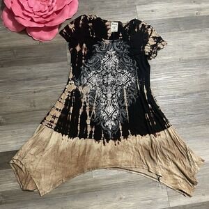 VOCAL Women's Sz L Tunic Top Shark Bite Tie-Dye Rhinestones Cross Grunge Goth